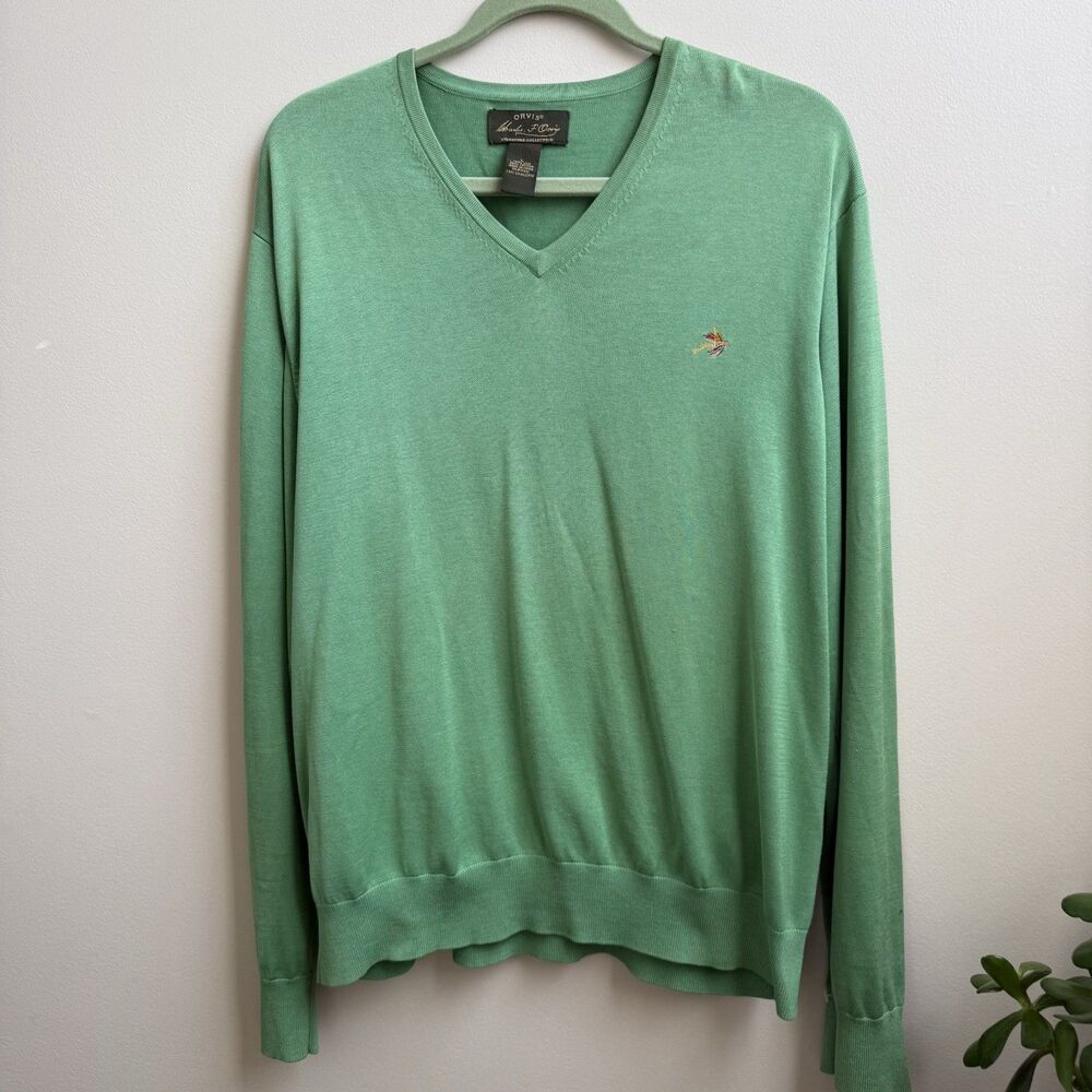 Orvis Signature Mens Large Sweater Green V Neck Pullover Outdoors Silk/cotton L